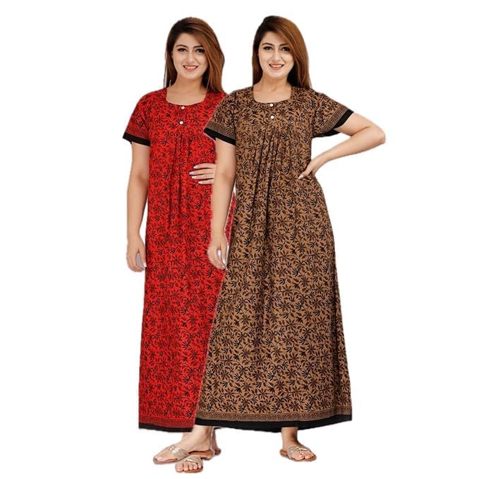 YUKATA Nighty for Women Cotton Printed Maxi Gown Ankle Length Nighty Night Dress Gown for Women Maxi - Free Size (Pack of 2) (Free Size, Red&Brown) - Image 1