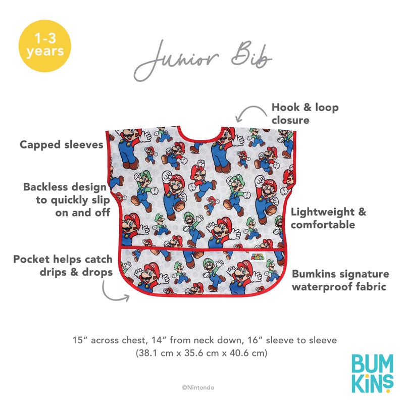Bumkins Short Sleeve Bib for Girl or Boy, Toddler and Kids for 1-3 Years, Large Size, Essential Must Have for Junior Children, Eating, Mess Saving Soft Fabric Apron for Play, Nintendo Mario and Luigi - Image 4