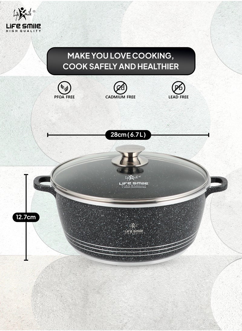 Life Smile - 28cm (6.7 Liter) LIFE SMILE Cooking Pot | aluminum Soup Pot With Glass Lid | 100% PFOA Free, Fixed Handle | Multi Layer Non-Stick Granite Coating | oven safe - Image 1