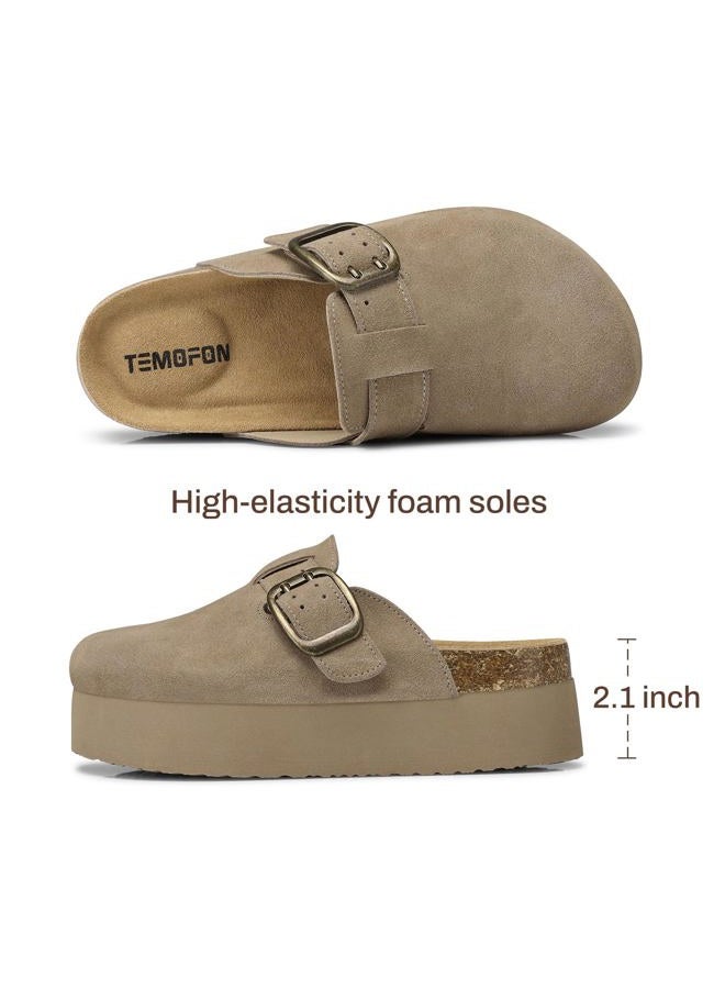 TEMOFON Suede Clogs for Women 2025: Slip-on Genuine Leather Platform Clogs for Women - Close Toe Mules Cork Footbed Potato Shoes, 84-khaki, 8.5 - Image 4
