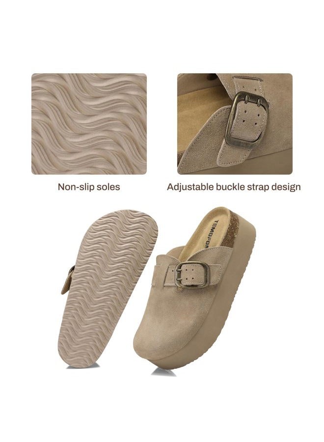 TEMOFON Suede Clogs for Women 2025: Slip-on Genuine Leather Platform Clogs for Women - Close Toe Mules Cork Footbed Potato Shoes, 84-khaki, 8.5 - Image 5