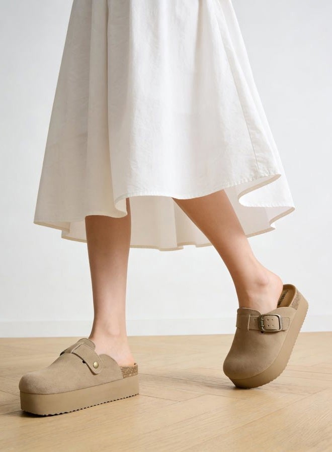 TEMOFON Suede Clogs for Women 2025: Slip-on Genuine Leather Platform Clogs for Women - Close Toe Mules Cork Footbed Potato Shoes, 84-khaki, 8.5 - Image 3
