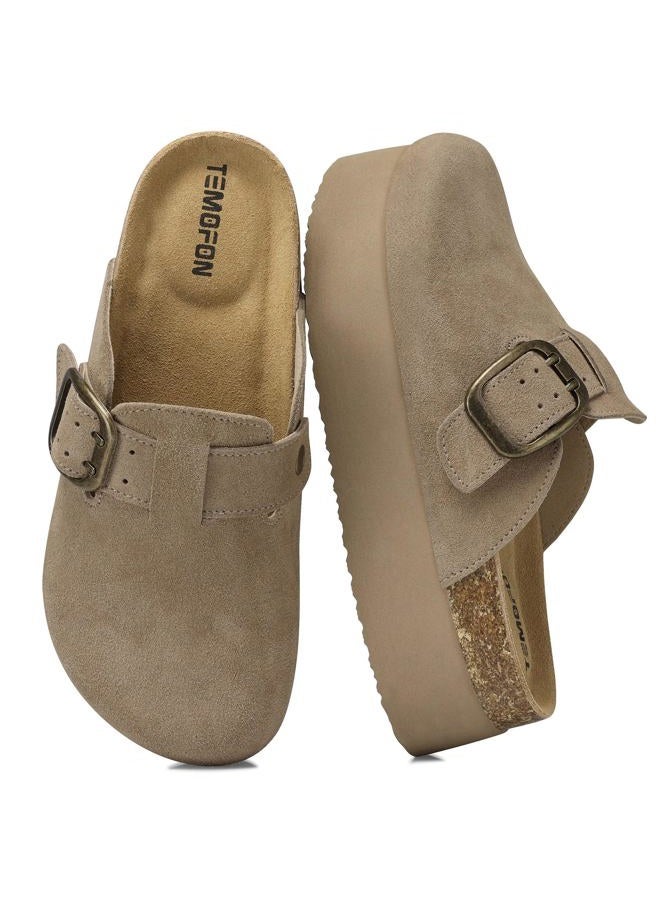 TEMOFON Suede Clogs for Women 2025: Slip-on Genuine Leather Platform Clogs for Women - Close Toe Mules Cork Footbed Potato Shoes, 84-khaki, 8.5 - Image 1