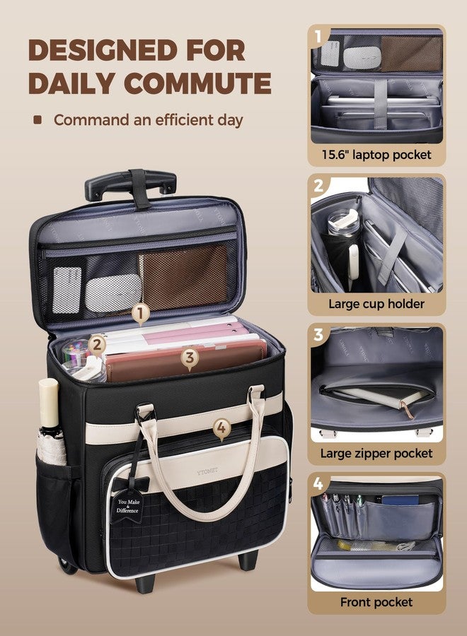 Ytonet Rolling Laptop Bag with Insulated Lunch Box, 15.6 In Rolling Briefcase for Women with Large Cup Holder, Detachable Trolley Roller Underseat Bags for Work, Office, Teacher, Travel, Black Beige - Image 3