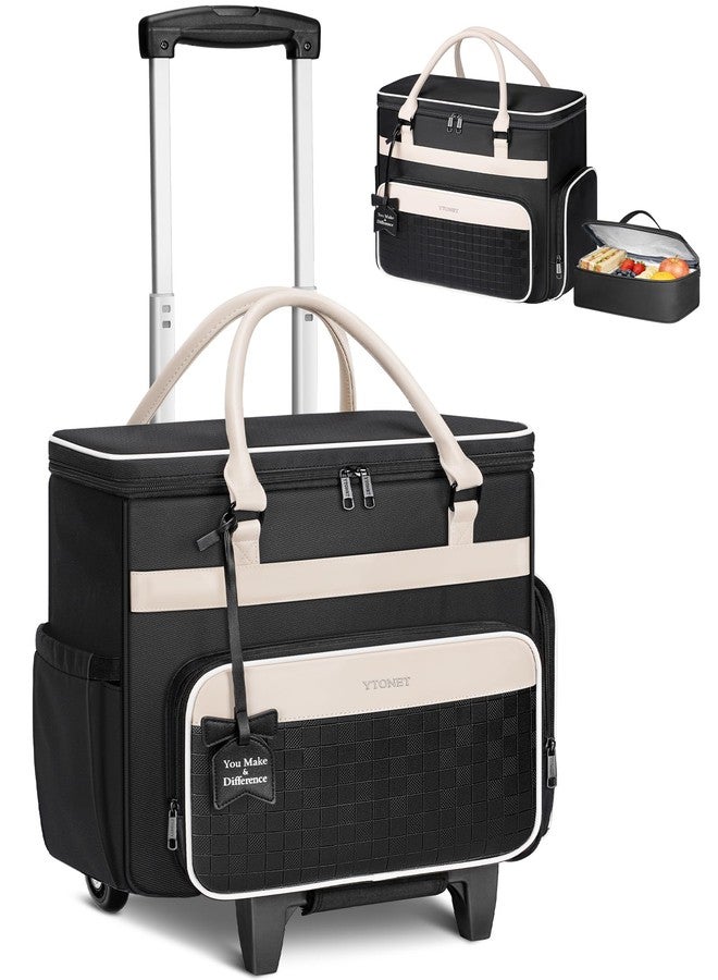 Ytonet Rolling Laptop Bag with Insulated Lunch Box, 15.6 In Rolling Briefcase for Women with Large Cup Holder, Detachable Trolley Roller Underseat Bags for Work, Office, Teacher, Travel, Black Beige - Image 1