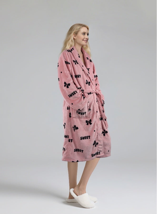 Noon East Lightweight Flannel Bathrobe - 250 Gsm 100% Polyester Soft Fuzzy Plush For Women - Shawl Collar & Pocket - Pink Color, S Size - Image 2