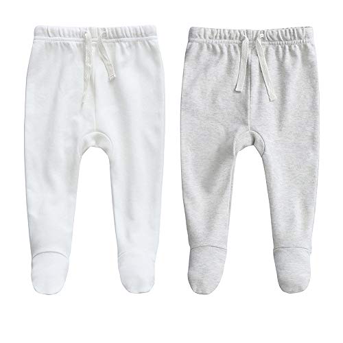 Owlivia 100% Organic Cotton Baby Boy Girl 2-Pack Footed Pants Wiggle Pants Jogging Pants(White & Grey Melange, Newborn) - Image 1