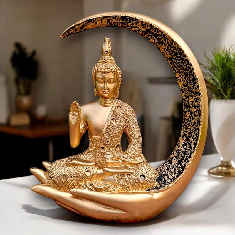 Karigaari Antique Big Meditating Moon Buddha Statue Showpiece for Home Decor Living Room House Warming Office Gifting Buddha Idol Polyresin Decorative Figurine 9 Inch 23 cm Gold - Image 1