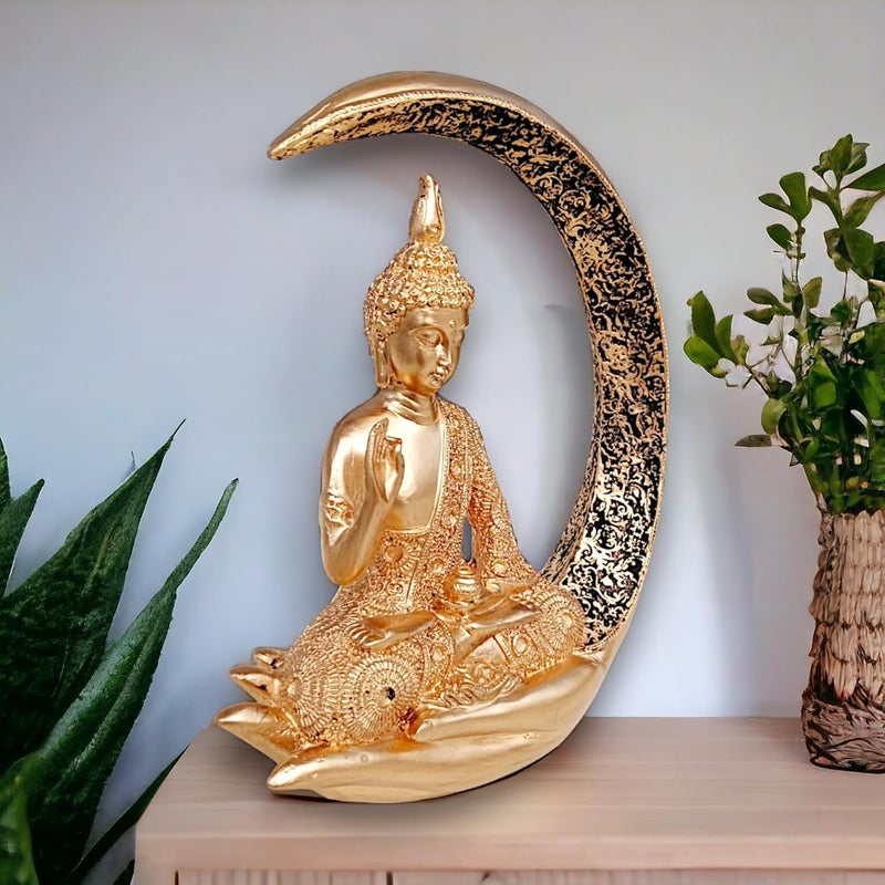 Karigaari Antique Big Meditating Moon Buddha Statue Showpiece for Home Decor Living Room House Warming Office Gifting Buddha Idol Polyresin Decorative Figurine 9 Inch 23 cm Gold - Image 4