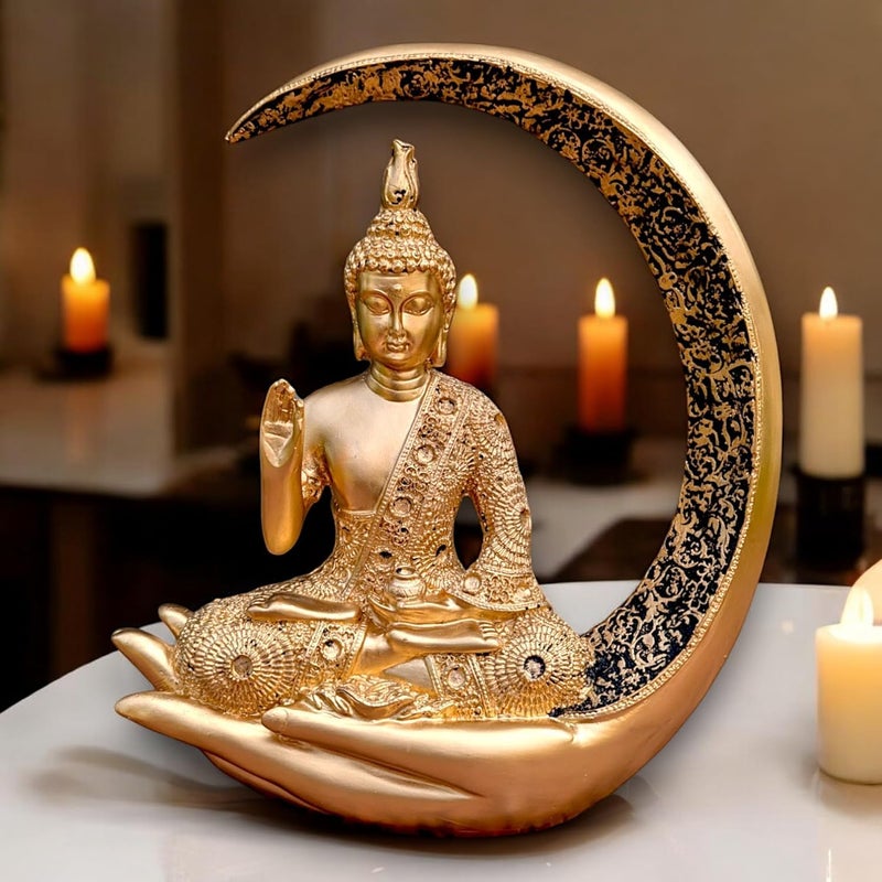 Karigaari Antique Big Meditating Moon Buddha Statue Showpiece for Home Decor Living Room House Warming Office Gifting Buddha Idol Polyresin Decorative Figurine 9 Inch 23 cm Gold - Image 2
