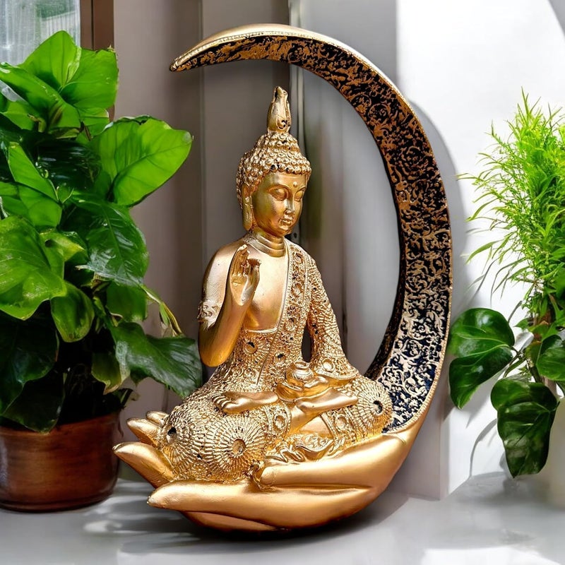 Karigaari Antique Big Meditating Moon Buddha Statue Showpiece for Home Decor Living Room House Warming Office Gifting Buddha Idol Polyresin Decorative Figurine 9 Inch 23 cm Gold - Image 3