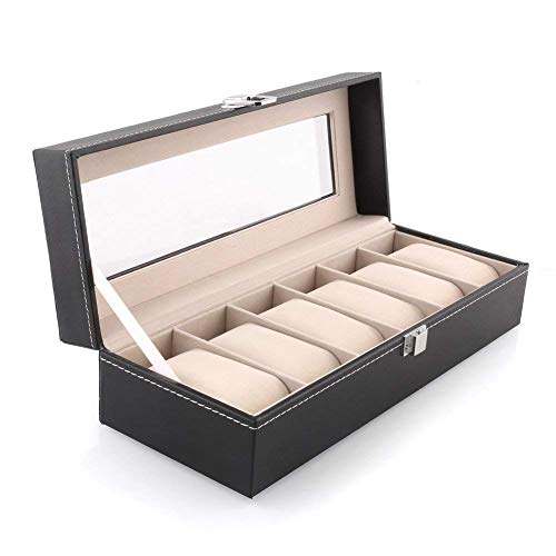 Divinext 6 - Slot Leather Watch Box For Travel Organizer (17.5 x 8.5 x 5.6 cm, Black) - Image 1