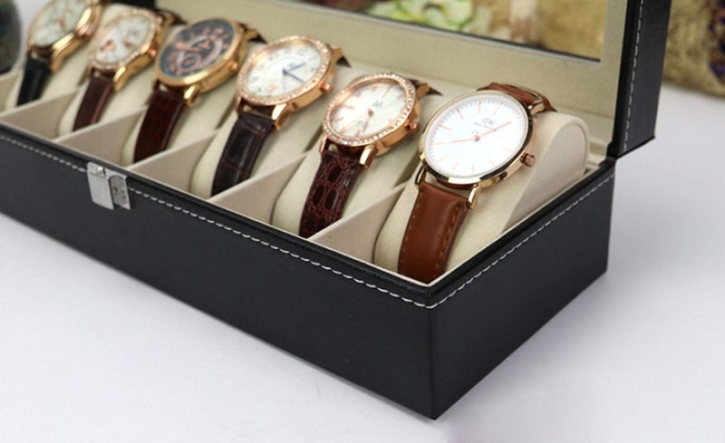 Divinext 6 - Slot Leather Watch Box For Travel Organizer (17.5 x 8.5 x 5.6 cm, Black) - Image 5