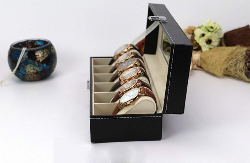 Divinext 6 - Slot Leather Watch Box For Travel Organizer (17.5 x 8.5 x 5.6 cm, Black) - Image 4