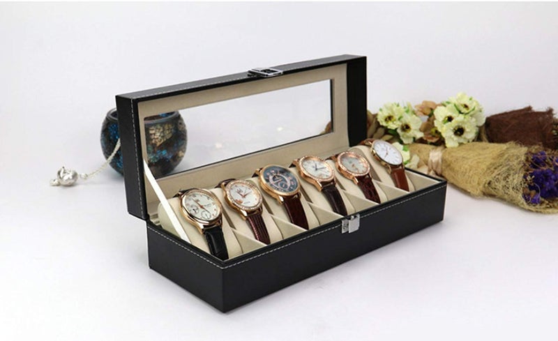 Divinext 6 - Slot Leather Watch Box For Travel Organizer (17.5 x 8.5 x 5.6 cm, Black) - Image 2