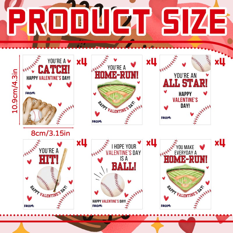 Demonwer 24 Pcs Valentines Gift Cards Baseball Greeting Card Valentine's Sport Cards for Exchange School Classroom Prize Goodie Bags Stuffers - Image 2