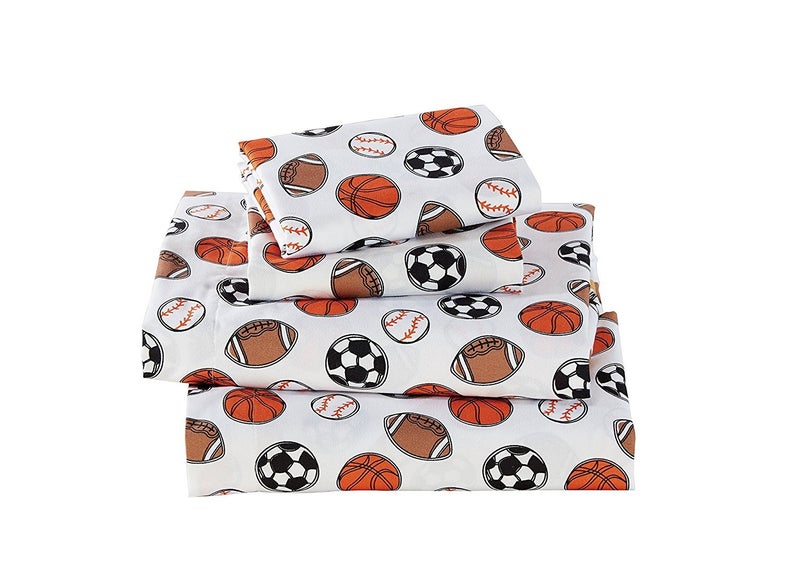 Linen Plus Sheet Set for Teens Kids Sports Soccer Basketball Football Baseball White Orange Brown Black Flat Sheet and Fitted Sheet and Pillow Cases Queen Size New