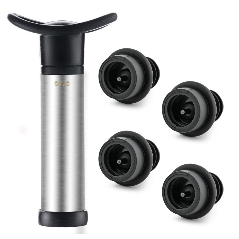 OWO Wine Vacuum Pump and 4 Stopper Wine Save  Preserver Reusable Air Remover Pump Keeps Fresh Stainless Steel