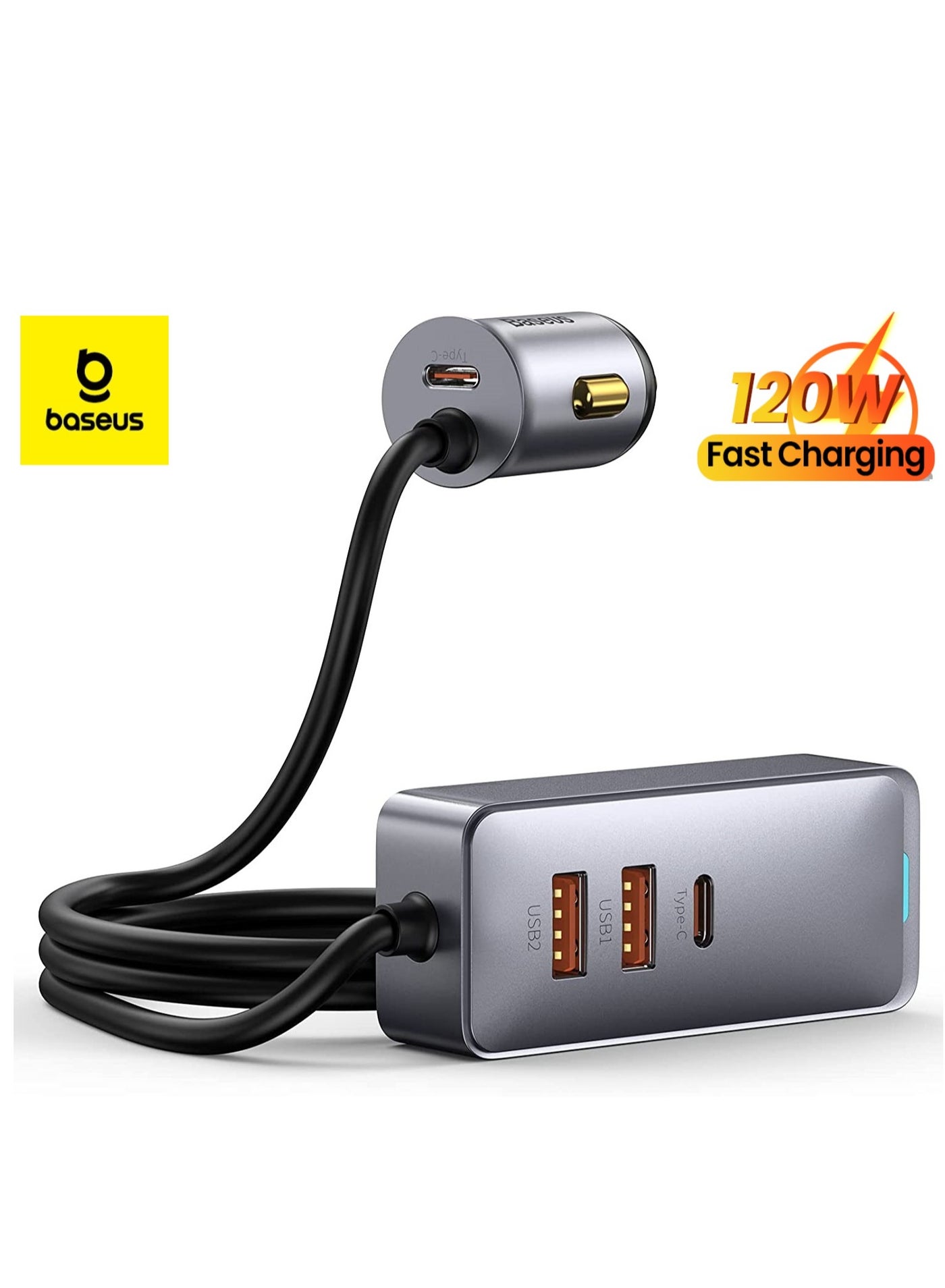4 Multi USB Car Charger Adapter, Charger For Multiple Devices, 12V Car Phone Charger With 5FT Cable For Front And Back Seat Charging, Compatible With iPhone 15/14/13/12 Series Samsung S24/S23 And More Grey