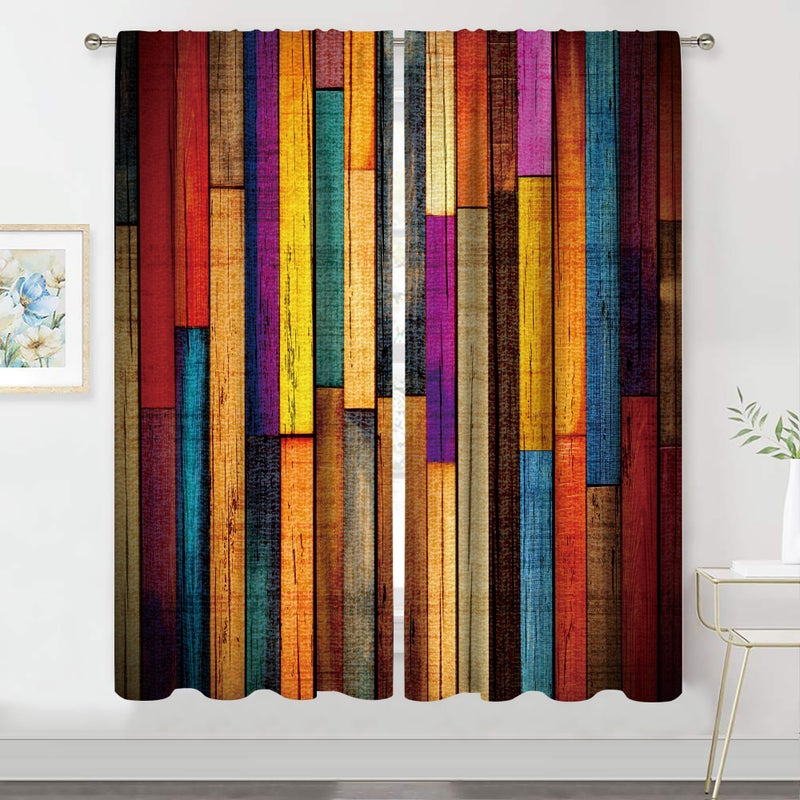 MESHELLY Rustic Colorful Curtains 42W X 63H Inch Rod Pocket Farmhouse Barn Door Wooden Decor Barnwood Western Multicolor Wood Cabin Country Garage Printed Bedroom Living Room Window Drapes 2 Panel - Image 1