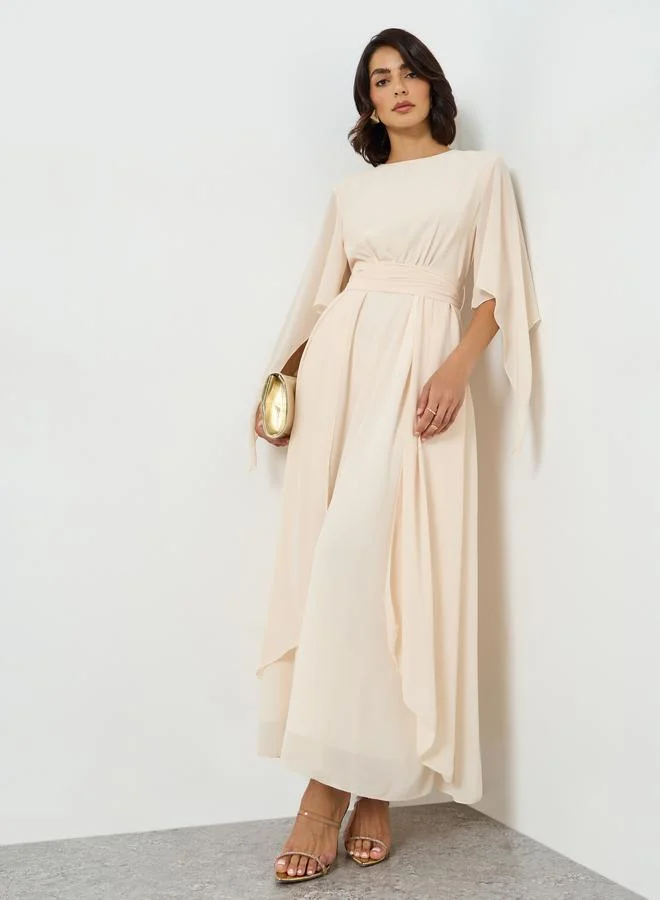 تايك تو Beige Angel Sleeve Belted Maxi Dress