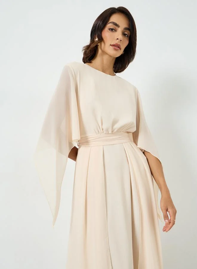 تايك تو Beige Angel Sleeve Belted Maxi Dress