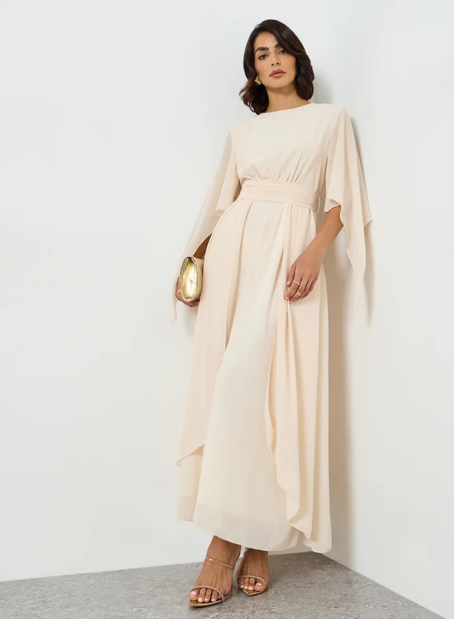 Take Two Beige Angel Sleeve Belted Maxi Dress