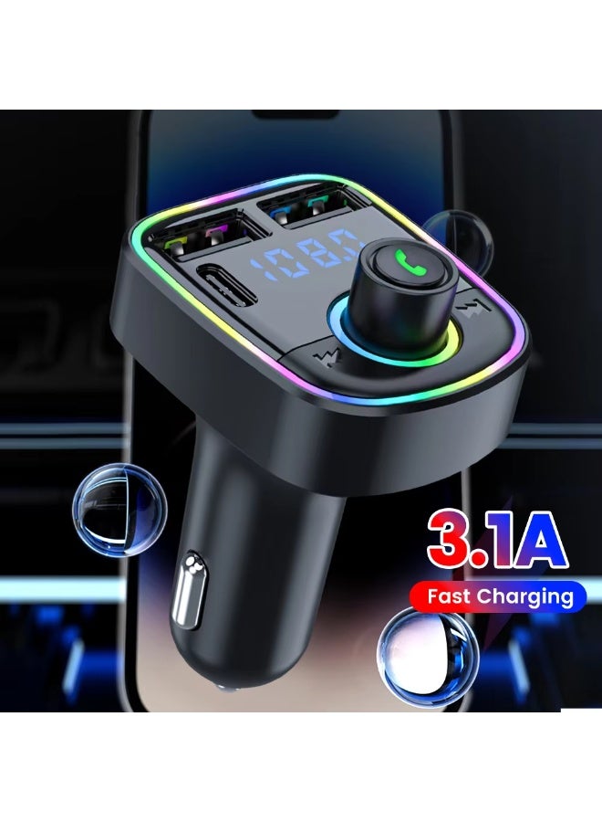 TEXEEM RGB LED Car FM Transmitter, Bluetooth MP3 Player with 3.1A, QC3.0, PD 25w Fast Charging, Dual USB Ports, TF Card Support, LED Display, Colorful Ambient Light - Image 3