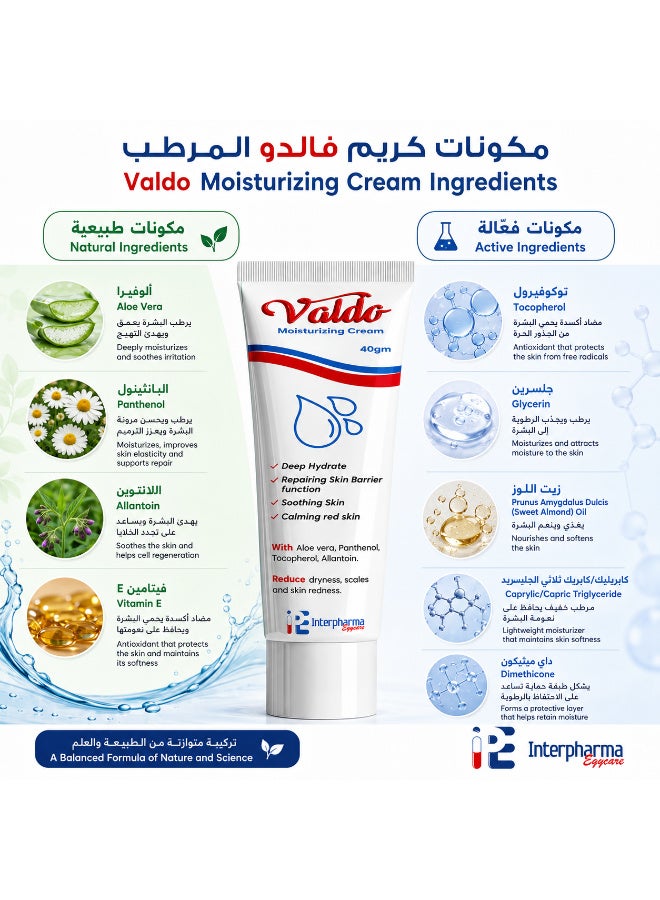 Interpharma Egycare Valdo Moisturizing Cream 40g | Deep Hydration & Skin Barrier Support | With Aloe Vera, Panthenol, Allantoin, Vitamin E, Olive Oil & Sweet Almond Oil - Image 2