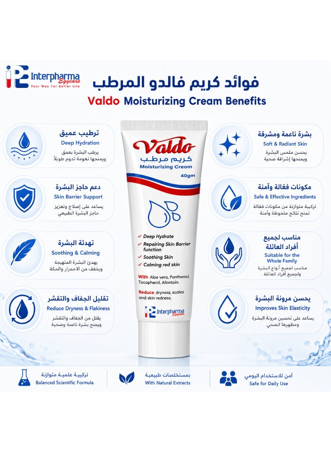 Interpharma Egycare Valdo Moisturizing Cream 40g | Deep Hydration & Skin Barrier Support | With Aloe Vera, Panthenol, Allantoin, Vitamin E, Olive Oil & Sweet Almond Oil - Image 4