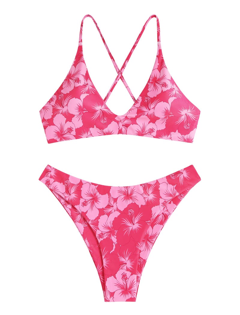 ZAFUL Women's Tie Back Padded High Cut Bralette Bikini Set Two Piece Swimsuit (1-Floral Rose Red, M) - Image 2