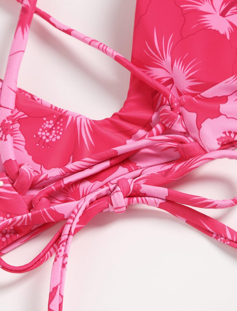 ZAFUL Women's Tie Back Padded High Cut Bralette Bikini Set Two Piece Swimsuit (1-Floral Rose Red, M) - Image 4