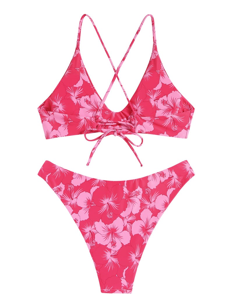 ZAFUL Women's Tie Back Padded High Cut Bralette Bikini Set Two Piece Swimsuit (1-Floral Rose Red, M) - Image 3