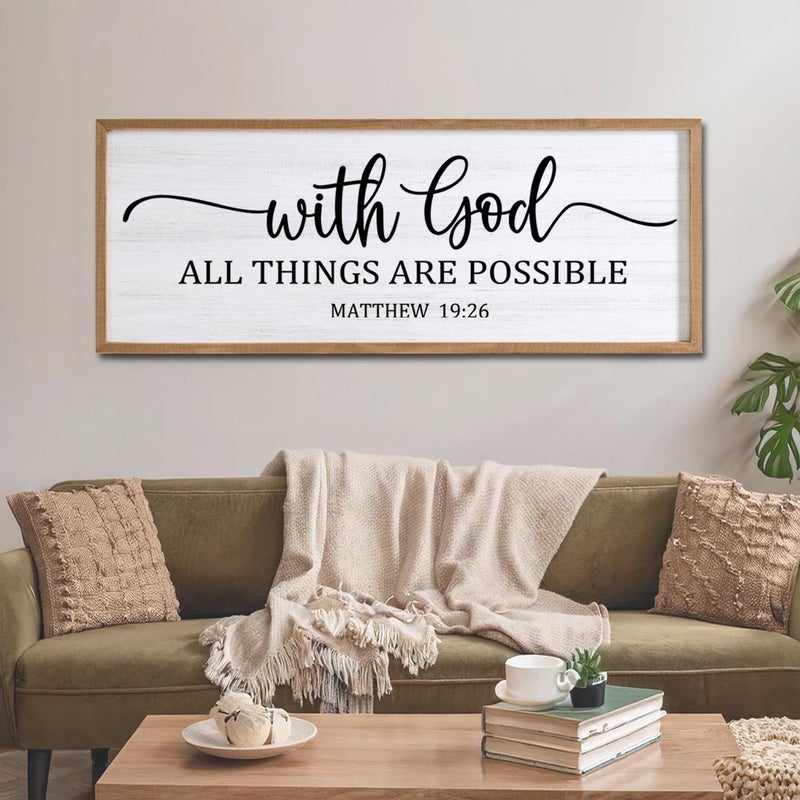 Cpcdaosk With God All Things are Possible Framed Wall Art, 40''Ã—15'' Natural Religious Rustic Bible Verse for Christian God Jesus Christ Prayer, Holy Positive Horizontal Inspirational Catholic Scripture Decor - Image 4