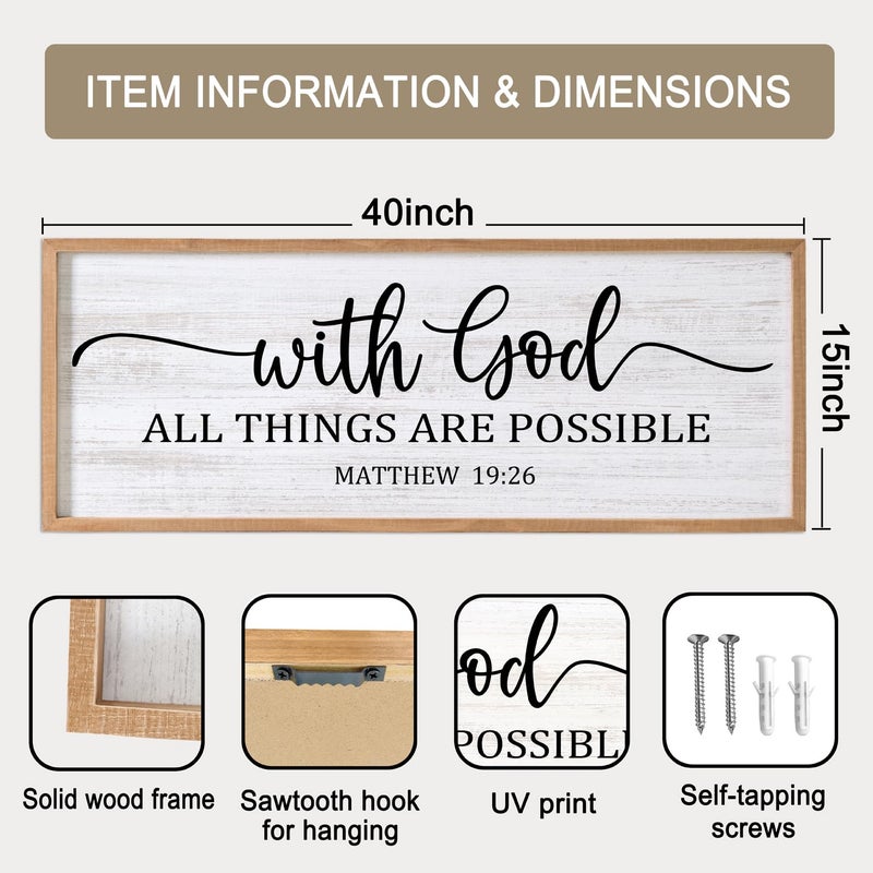 Cpcdaosk With God All Things are Possible Framed Wall Art, 40''Ã—15'' Natural Religious Rustic Bible Verse for Christian God Jesus Christ Prayer, Holy Positive Horizontal Inspirational Catholic Scripture Decor - Image 2