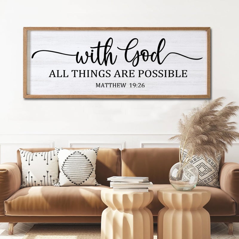 Cpcdaosk With God All Things are Possible Framed Wall Art, 40''Ã—15'' Natural Religious Rustic Bible Verse for Christian God Jesus Christ Prayer, Holy Positive Horizontal Inspirational Catholic Scripture Decor - Image 5