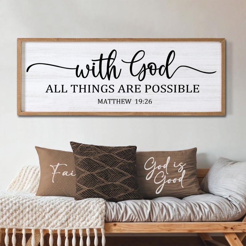 Cpcdaosk With God All Things are Possible Framed Wall Art, 40''Ã—15'' Natural Religious Rustic Bible Verse for Christian God Jesus Christ Prayer, Holy Positive Horizontal Inspirational Catholic Scripture Decor - Image 1