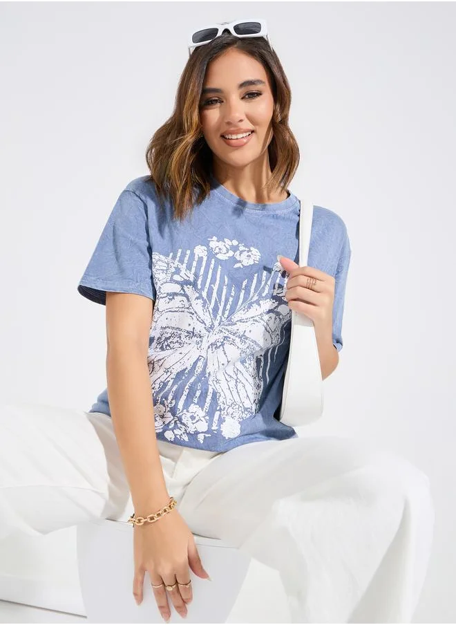 ستايلي Oversized Acid Wash Butterfly Graphic Print T-Shirt