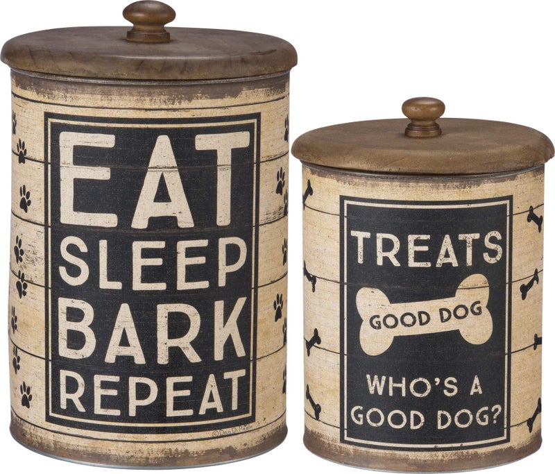 Primitives by Kathy Rustic Pet Tin Bins Dog Food Toy Storage Set Toys Beware of Wigglebutts Themed Containers
