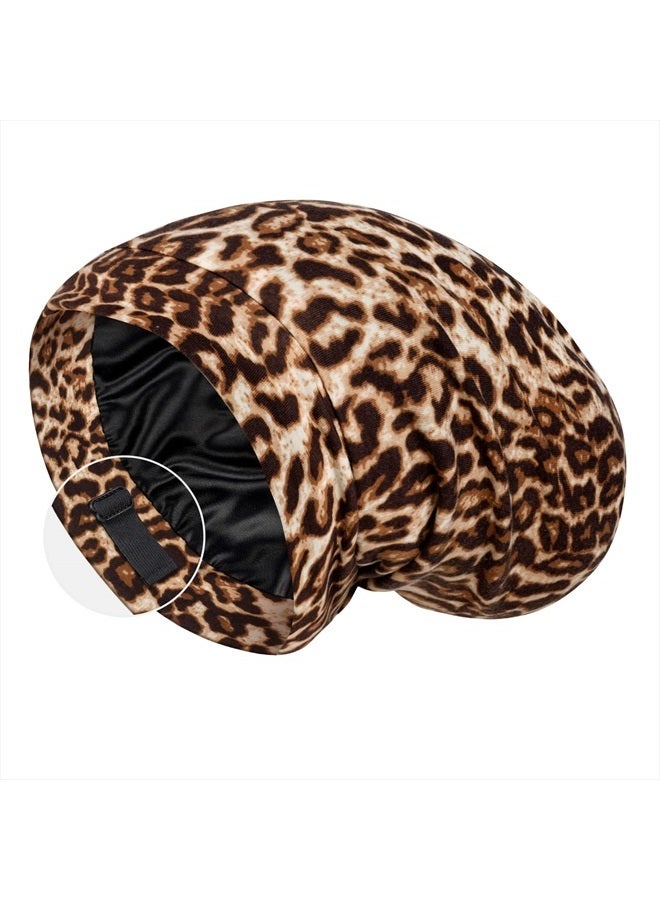 LULUSILK 100% Mulberry Silk Lined Sleep Cap Silk Bonnet for Sleeping, No More Frizzy Tangled Hair, Stay On All Night Adjustable Silk Hair Wrap for Sleeping, Brown Leopard, Pack of 1 - Image 1