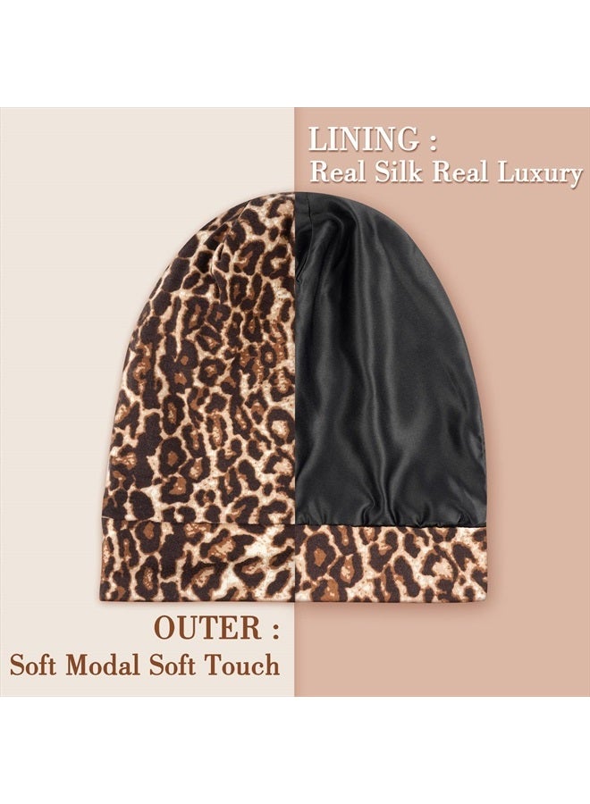 LULUSILK 100% Mulberry Silk Lined Sleep Cap Silk Bonnet for Sleeping, No More Frizzy Tangled Hair, Stay On All Night Adjustable Silk Hair Wrap for Sleeping, Brown Leopard, Pack of 1 - Image 2