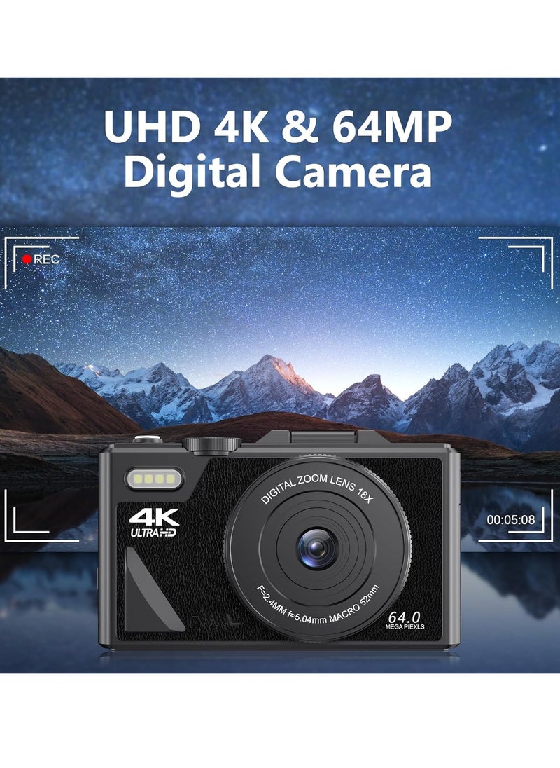 Generic - 64MP Digital Camera, 4K Vlogging Camera, Auto Focus Camera with 18X Zoom, Compact Small Camera with 3 Inch Flip Screen, Small Camera for Boys Girls, for Photography Video - Image 1