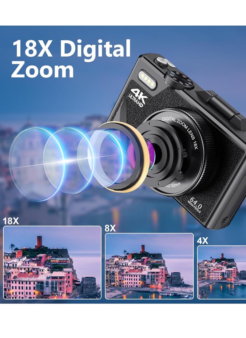 Generic - 64MP Digital Camera, 4K Vlogging Camera, Auto Focus Camera with 18X Zoom, Compact Small Camera with 3 Inch Flip Screen, Small Camera for Boys Girls, for Photography Video - Image 1