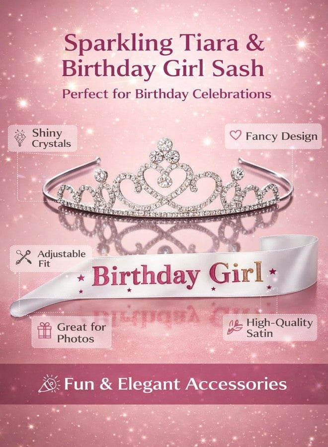 Wishify Stylish Birthday Crown & Sash Set | Birthday Girl Tiara with Satin Sash | Elegant Celebration Accessory for Women & Girls | Heart Design Party Decoration - Heart White - Image 3