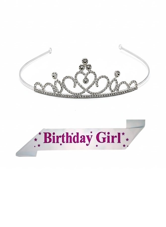 Wishify Stylish Birthday Crown & Sash Set | Birthday Girl Tiara with Satin Sash | Elegant Celebration Accessory for Women & Girls | Heart Design Party Decoration - Heart White - Image 1