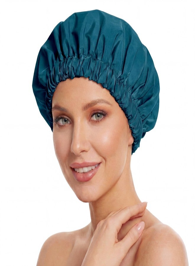 Edoneery Reusable Shower Cap for Women, Stylish Large Waterproof Shower Bonnet Washable Wide Elastic Band Hair Cap for Long Hair, Braids Bath Hat(Blue Zircon) - Image 1
