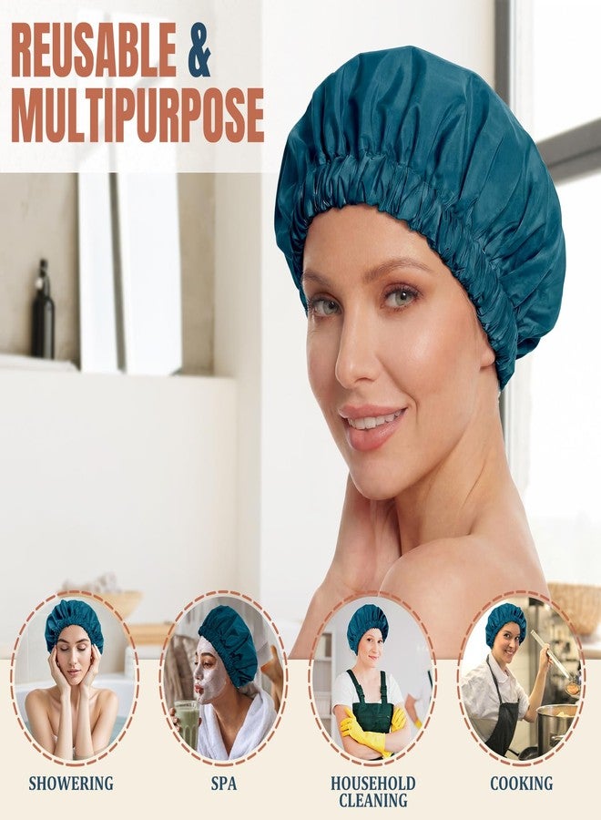 Edoneery Reusable Shower Cap for Women, Stylish Large Waterproof Shower Bonnet Washable Wide Elastic Band Hair Cap for Long Hair, Braids Bath Hat(Blue Zircon) - Image 3