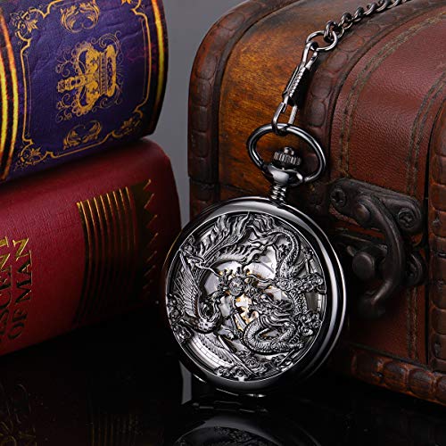 ManChDa Antique Mechanical Pocket Watch Lucky Dragon & Phoenix Black Skeleton Dial Roman Numberals with Chain - Image 3