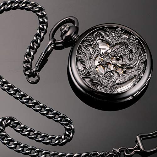 ManChDa Antique Mechanical Pocket Watch Lucky Dragon & Phoenix Black Skeleton Dial Roman Numberals with Chain - Image 4