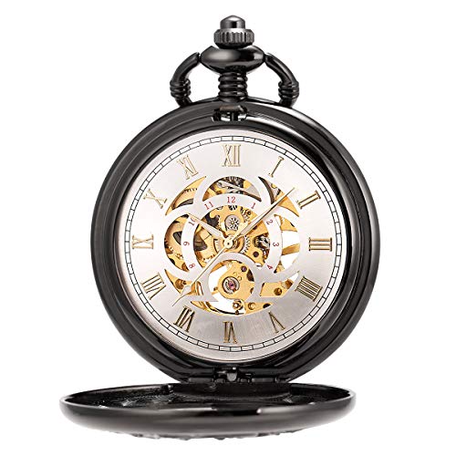 ManChDa Antique Mechanical Pocket Watch Lucky Dragon & Phoenix Black Skeleton Dial Roman Numberals with Chain - Image 2